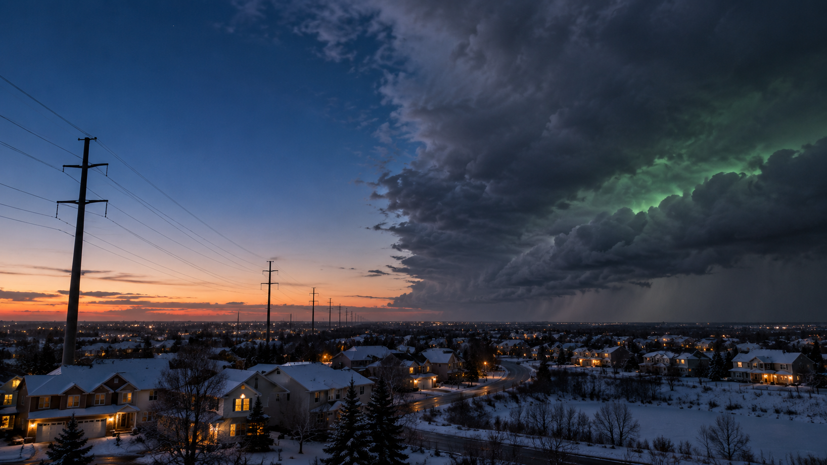 Managing Variable Load in an El Niño Winter — suburban storm front at dusk