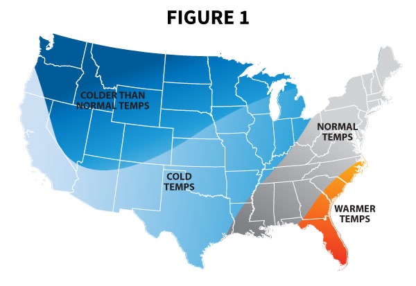 Figure 1 — ennrgy.com predicted winter 2025-26 temperature anomaly pattern showing cold temps in the western U.S. and normal temps in the Gulf South